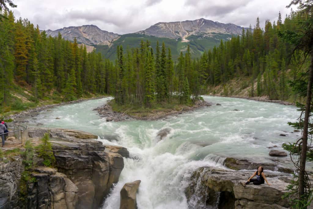 Admiring the beauty of Athabasca Falls near Jasper