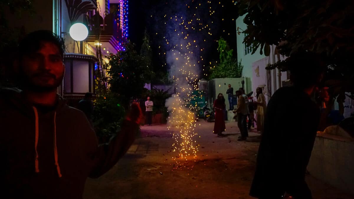 Shooting fireworks at Maspackers hostel in Pushkar during Diwali