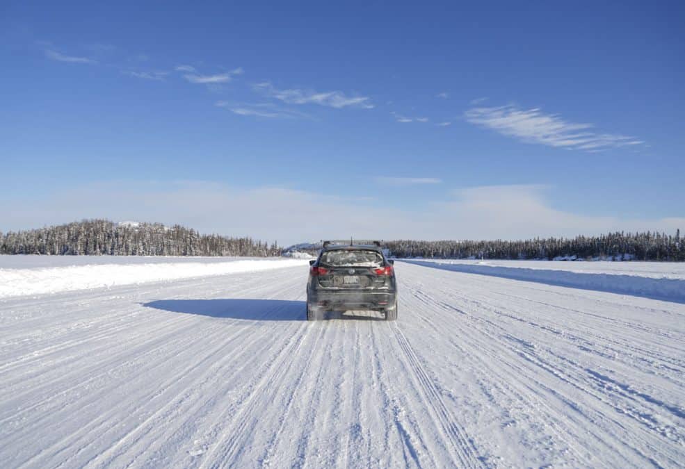 Driving on Dettah Ice Road during Winter in Yellowknife