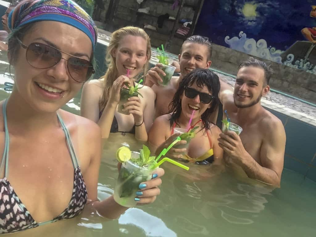 Enjoying some well deserved cocktails and hot springs after hiking the Inca Trail