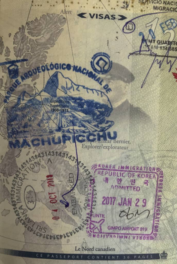 Official entry stamp in passport for hiking the Inca Trail