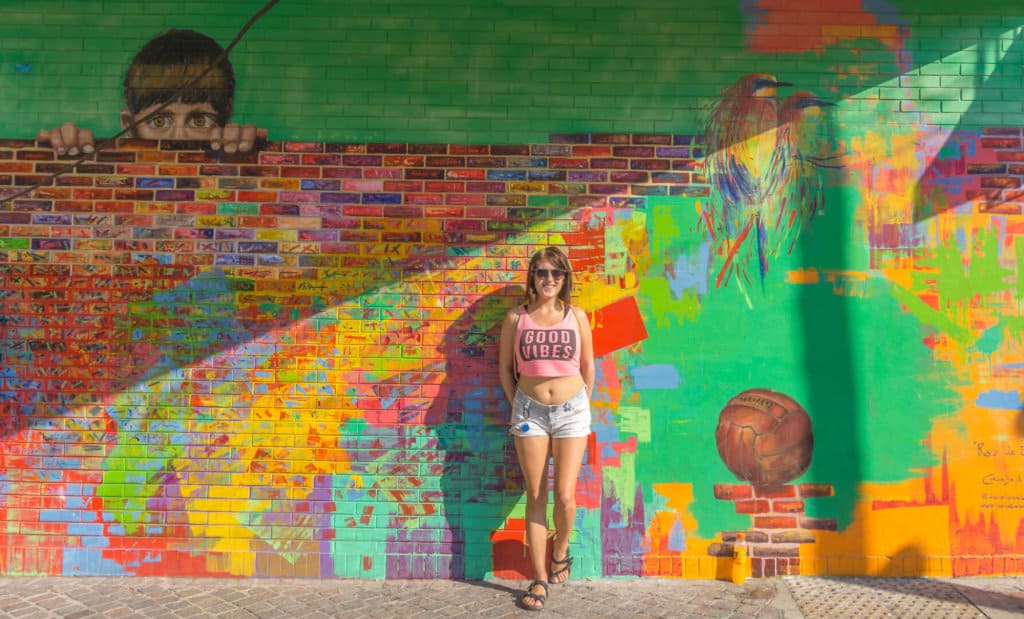 lora standing against a colorful wall of Graffiti in Palermo Buenos Aires