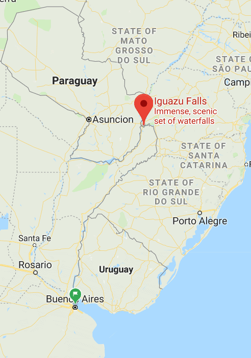 Map showing Iguazu falls between Argentina, Paraguay and Brazil