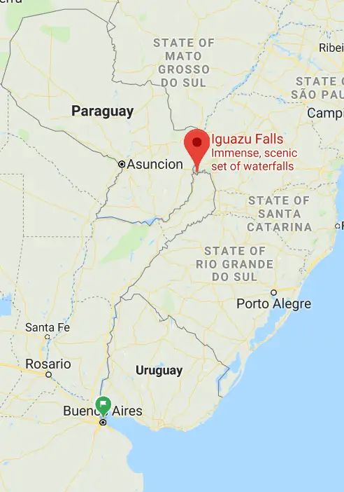 Map showing Iguazu falls between Argentina, Paraguay and Brazil