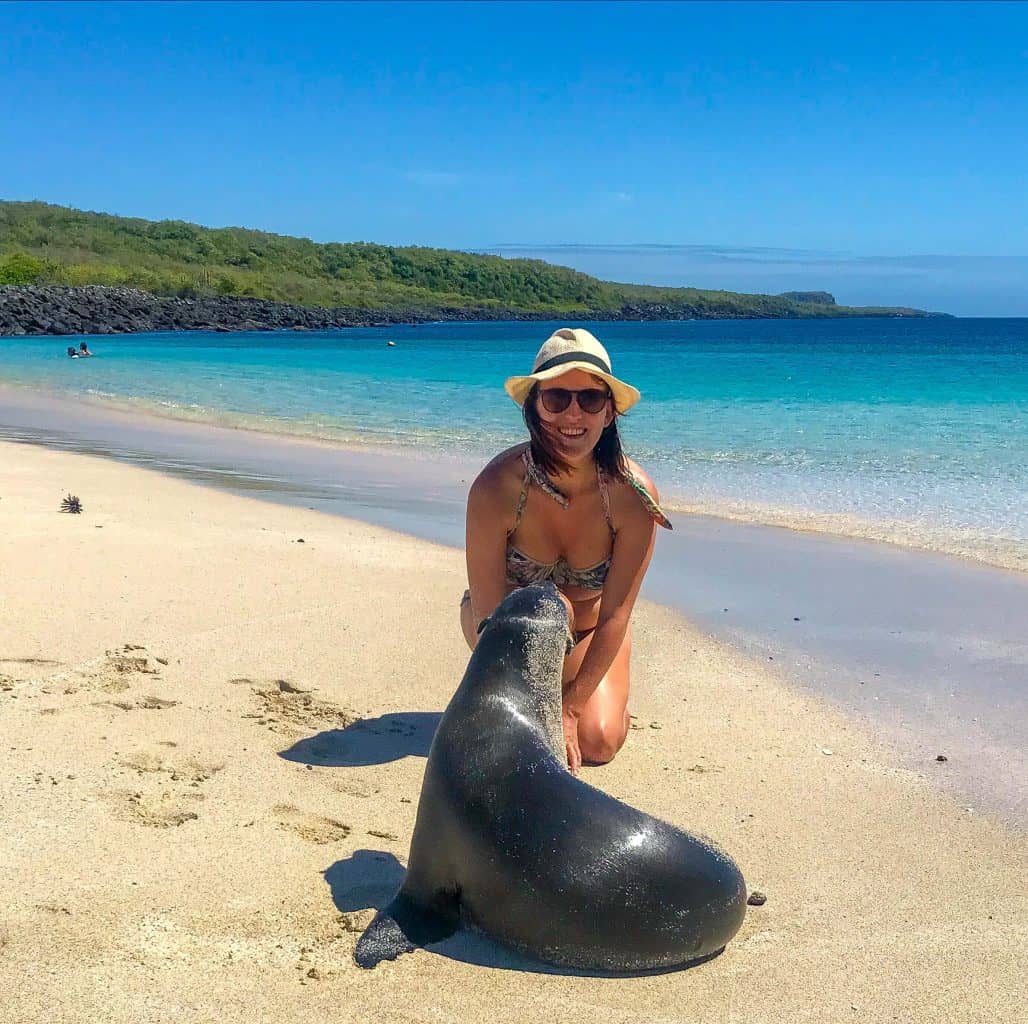 Lora next to a sea lion and turquoise beach, capturing the picturesque beauty of the Galapagos Islands' coastal scenery.