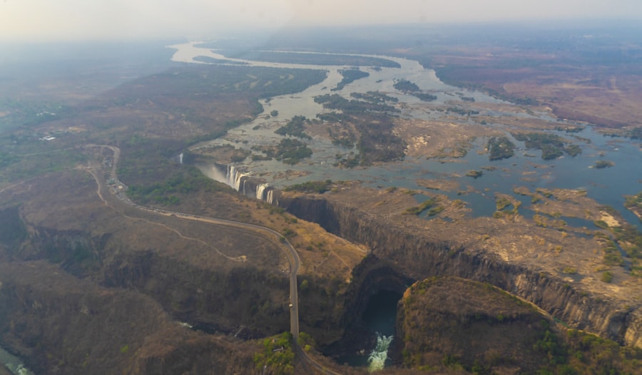 view of victoria falls from a helicopter