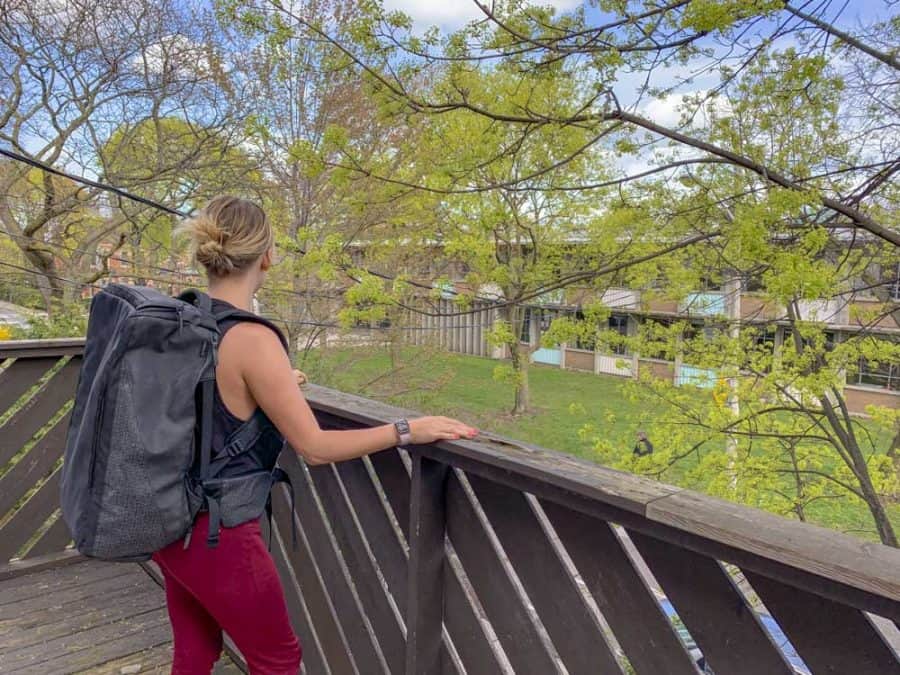 lora wearing a digital nomad backpack