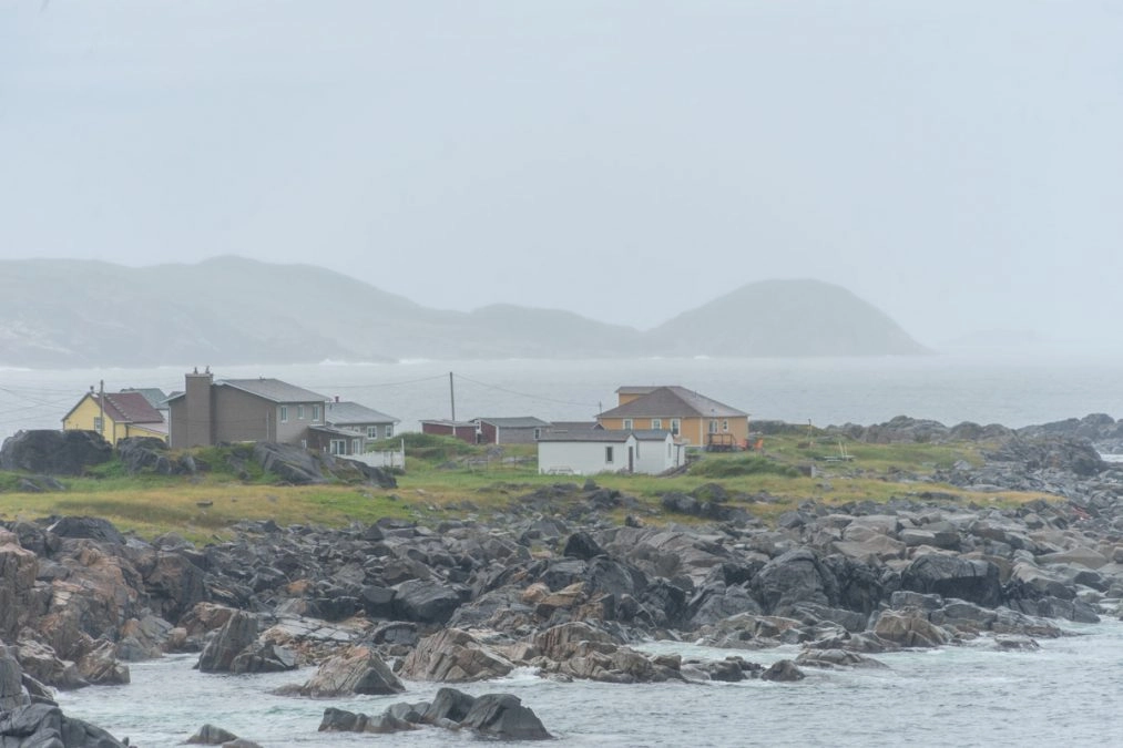 fog covering houses on oliver's cove path fogo island