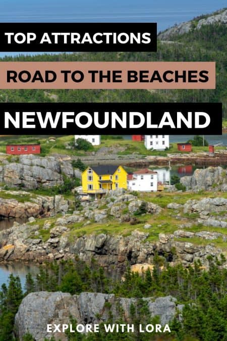 colorful community in newfoundland with overlay text that reads road to the beaches newfoundland