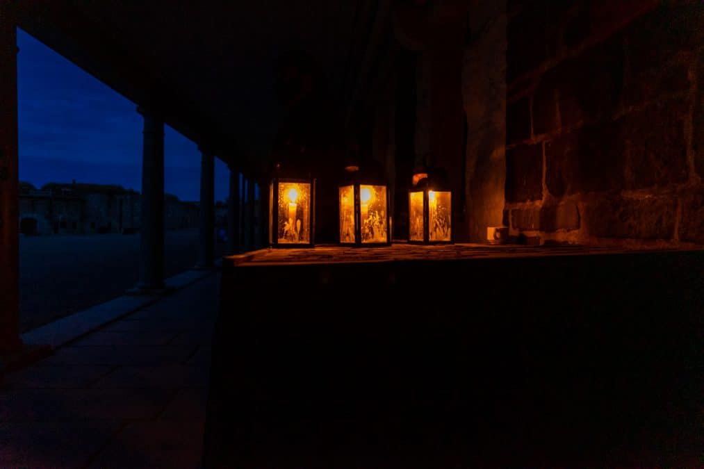 lanterns in dark room