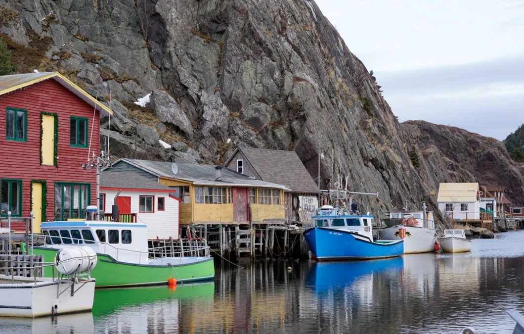 boats docked at habrour next to cliff in quidi vidi village