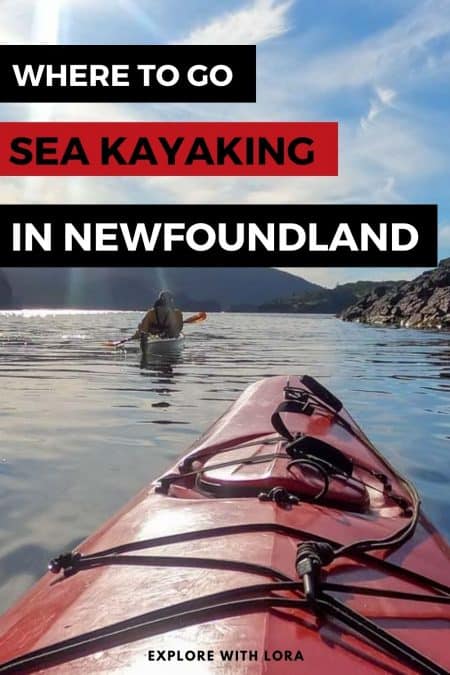 man kayaking in newfoundland with overlay text that reads where to go sea kayaking in newfoundland