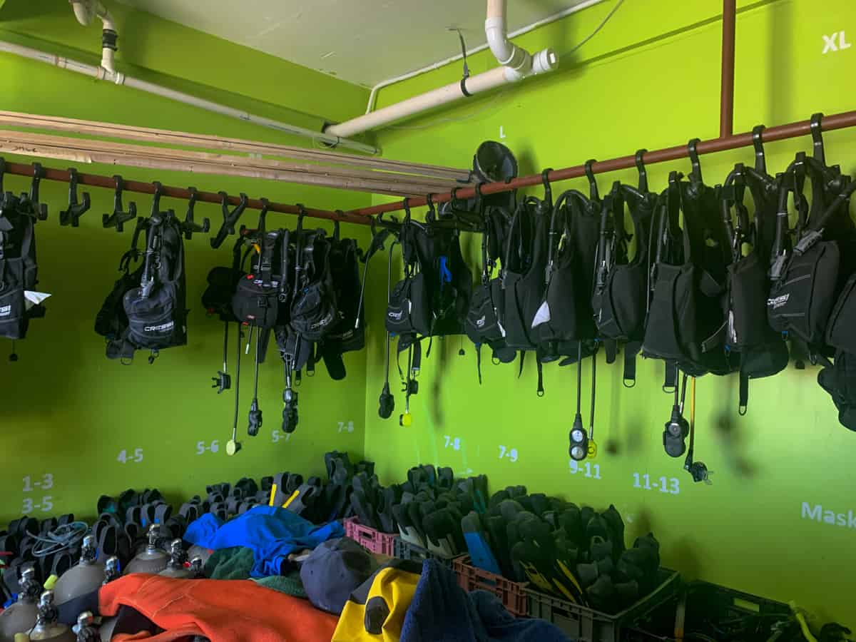 inside dive shop, scuba gear