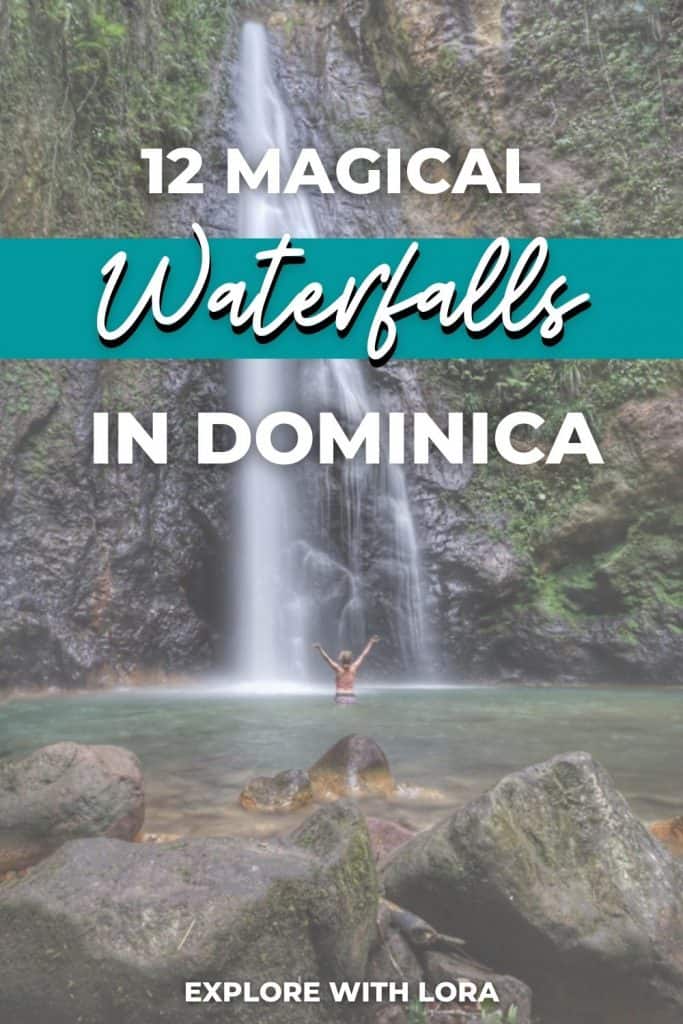lora standing under waterfall with overlay text that reads 12 magical waterfalls in dominica