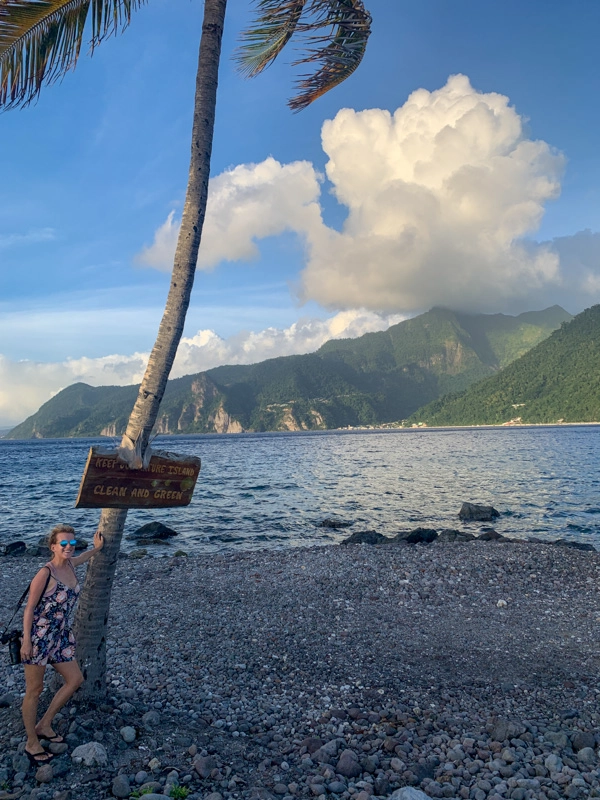 lora on rocky beach at scotts head dominica with green mountains and ocean in background