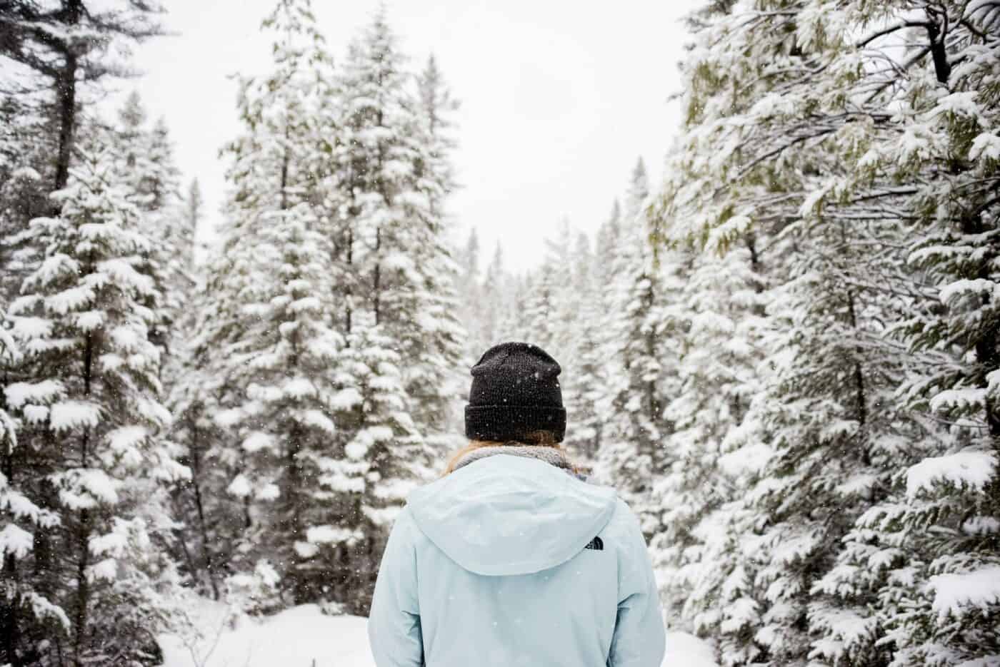 girl wearing a lightblue jacket standing from behind. she is looking at a forest blanketed in snow.
