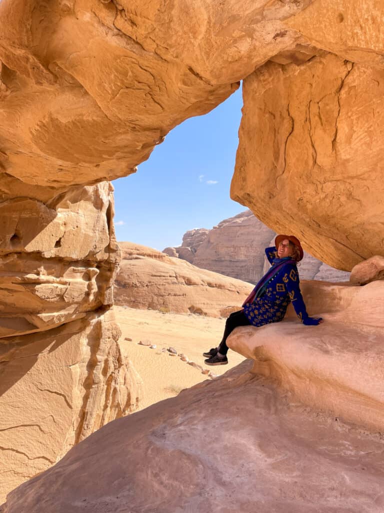 girl hiking in wadi rum