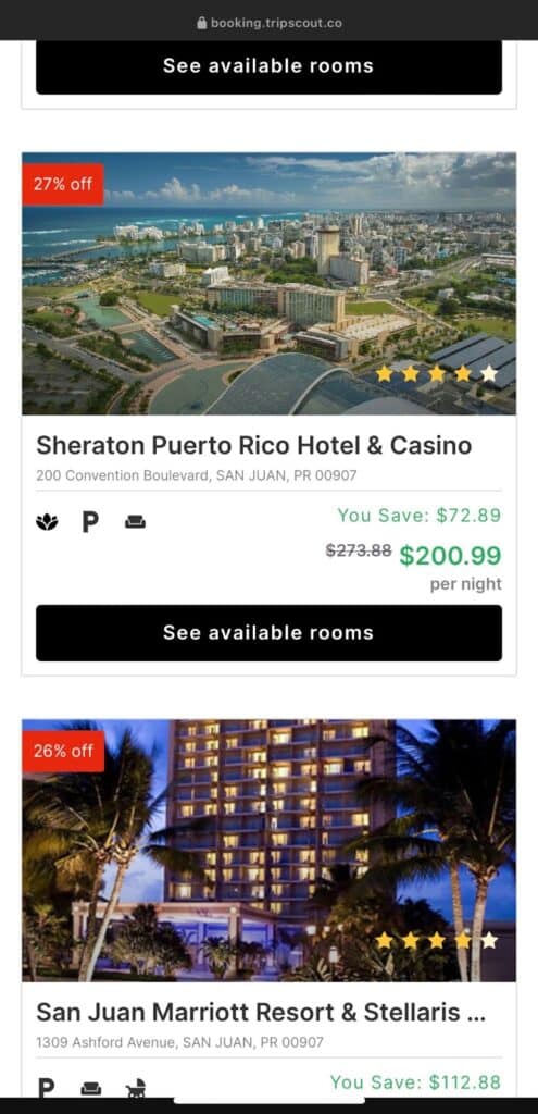 screenshot of hotel search