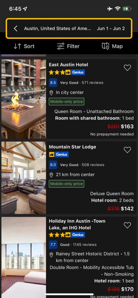 screenshot austin hotel seach on booking.com