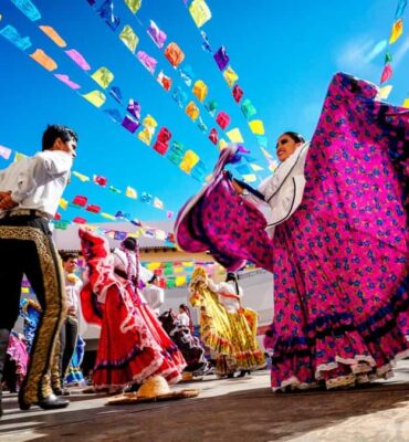  Photo of folklore dancers dancing in a beautiful traditional dress representing mexican culture.