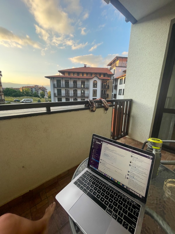 working from the balcony at rgrand royale spa in bansko