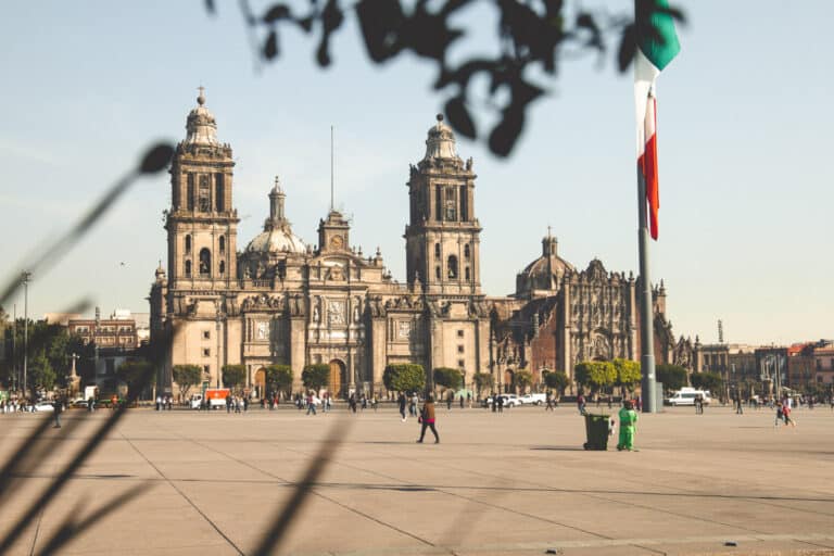 One of the best places to live in Mexico, this square in Mexico City boasts a striking cathedral in the background.