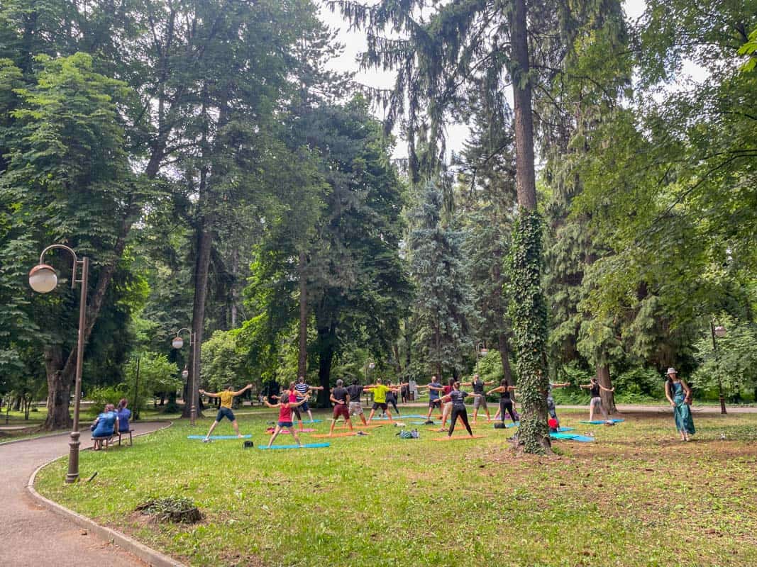outdoor yoga class in the park in bansko bulgaria