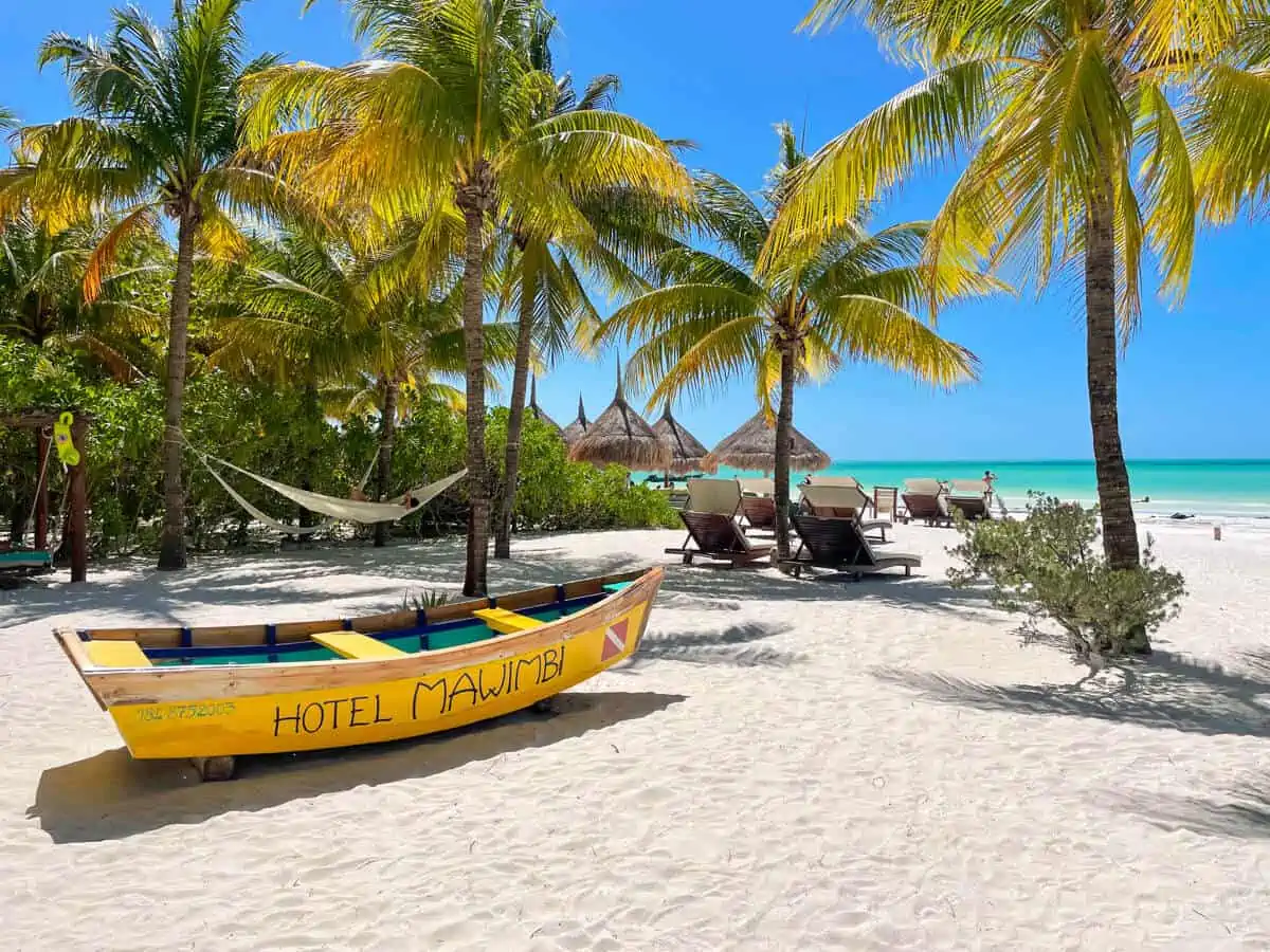 Colorful boat resting on a sandy beach surrounded by palm trees in Holbox, Mexico