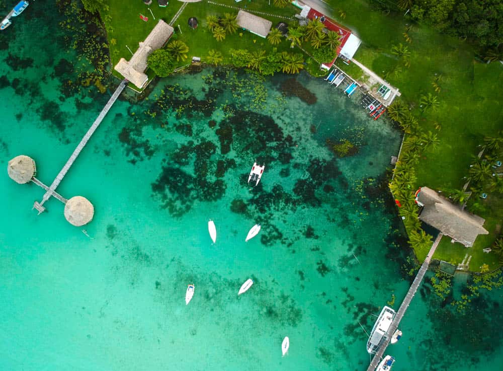 aerial view of the mesmerizing turquoise waters of Bacalar, Mexico