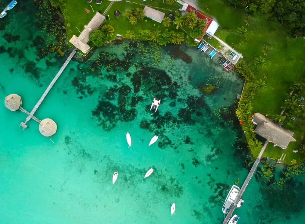 aerial view of the mesmerizing turquoise waters of Bacalar, Mexico