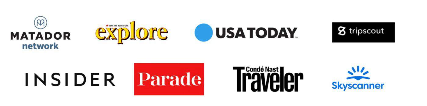 logos of publications lora has been featured in which include matador network, explore magazine, usa today, tripscout, insider, parade, conde nast traveler, and skyscanner