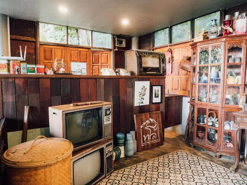 counter with tv and cabinet