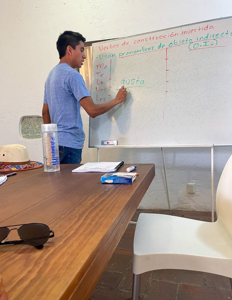 teacher writing on board at a s Spanish class in Oaxaca