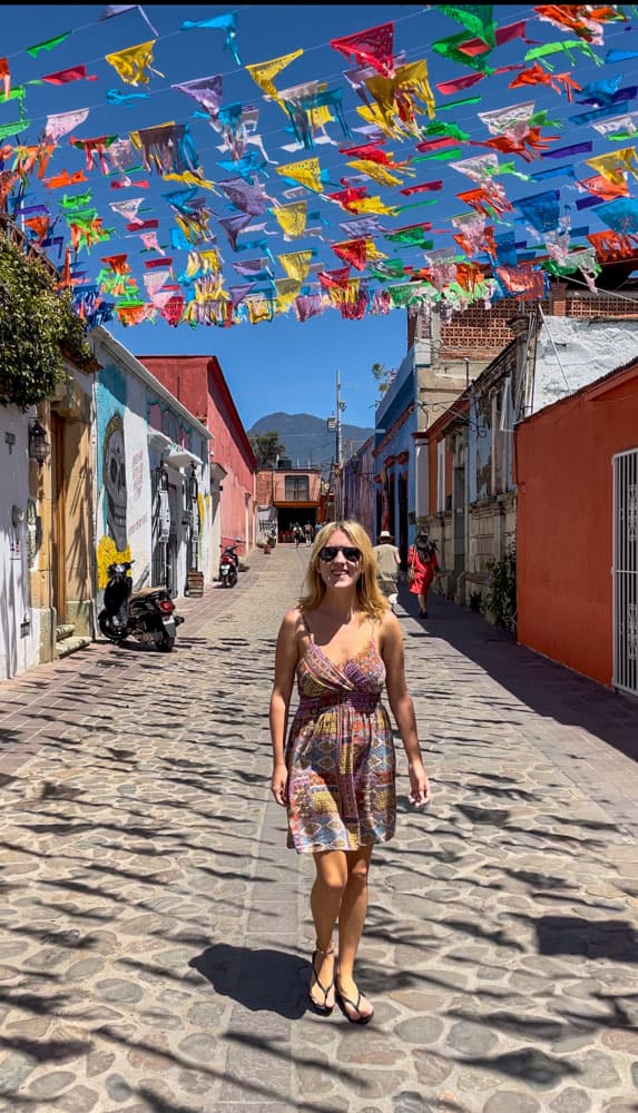 lora on colorful street in oaxaca