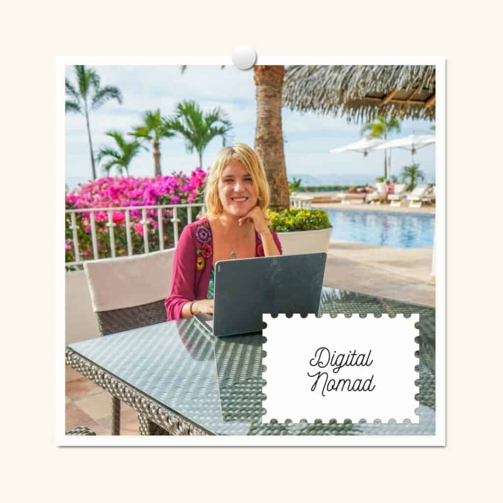 lora working on her computer at a hotel in puerto vallarta mexico by a pool. the overlay text reads digital nomad.