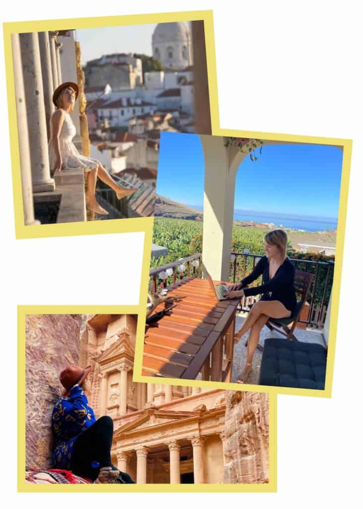 three photos of lora in picture frame format. one she is sitting in on the streets of lisbon, below she is working on a computer in tenerife spain, and the last one she is in petra jordan looking at the monastary.