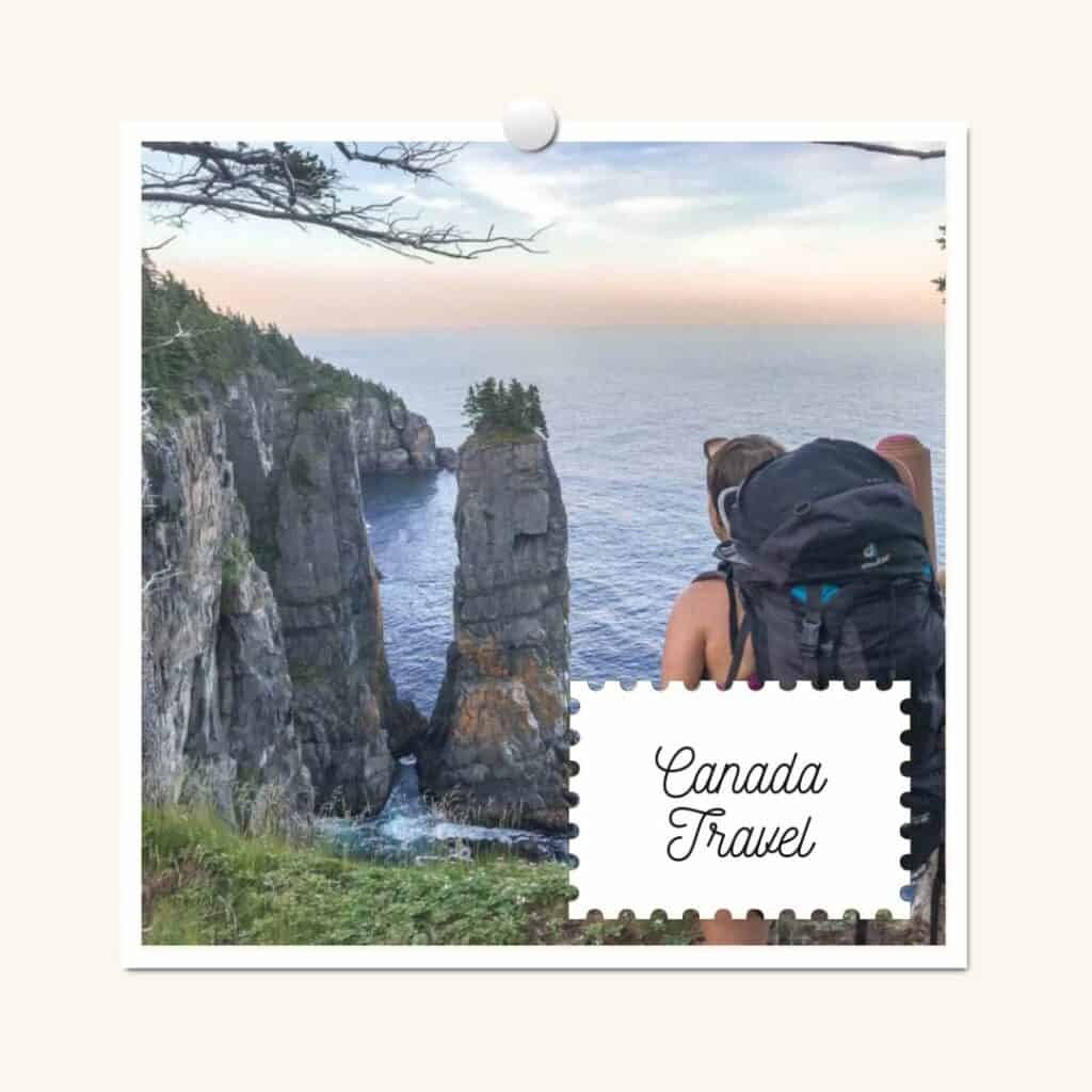 lora hiking in newfoundland canada on the east coast trail. she is wearing a backback overlooking rocks sticking out of the ocean. the overlay text reads canada travel.