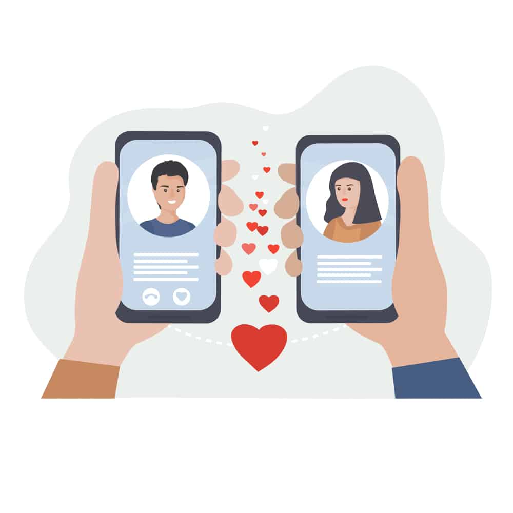 cartoon image of a two hands holding two phones with a man on one and a woman on the other. in between there are hearts.