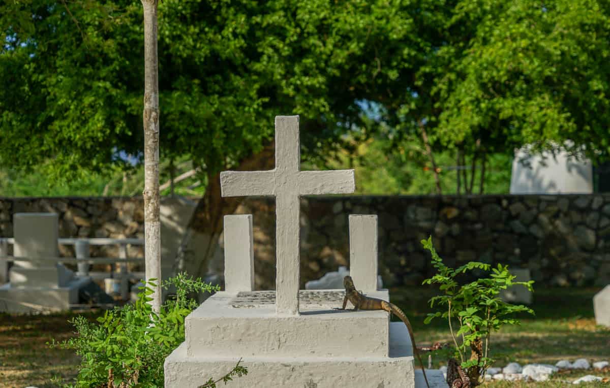 A grave with a cross in front of it. an iguana is perched on it.