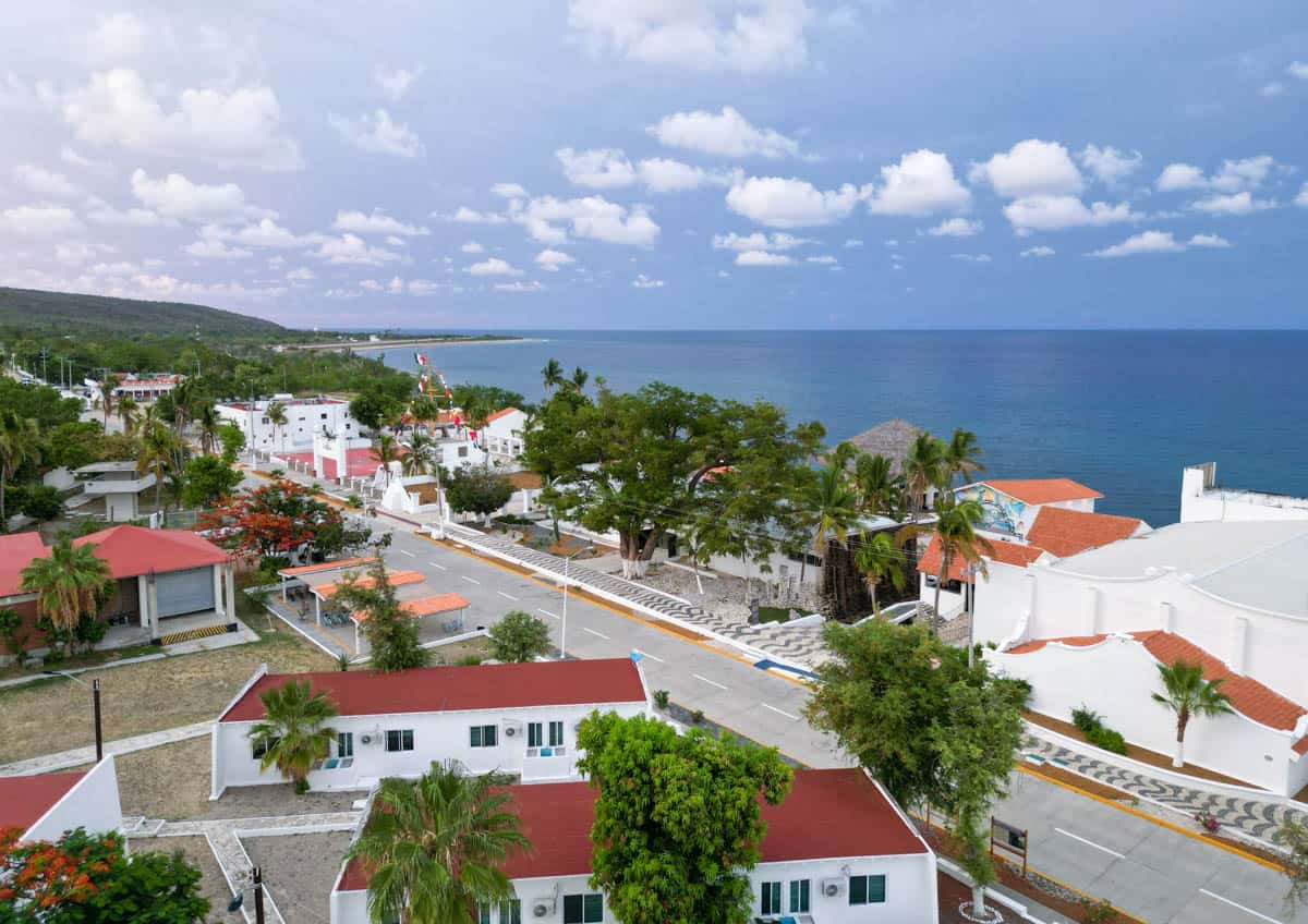 An aerial view of the town Isla Marias, Mexico near the ocean.