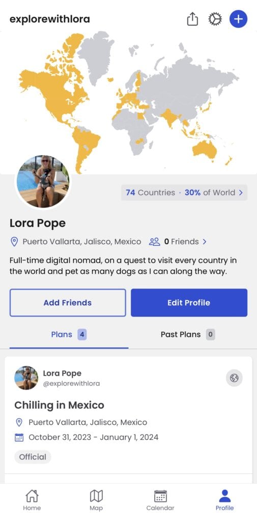 An innovative social media app for digital nomads, featuring a dynamic world map and personalized user profiles.