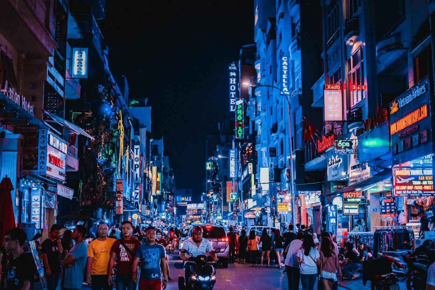 A crowded street in hot chi minh at night.