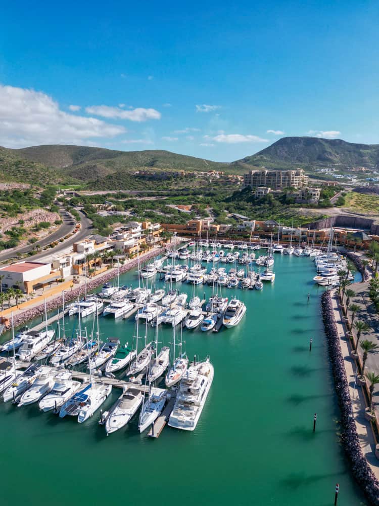An aerial view of a marina with boats docked in the water.