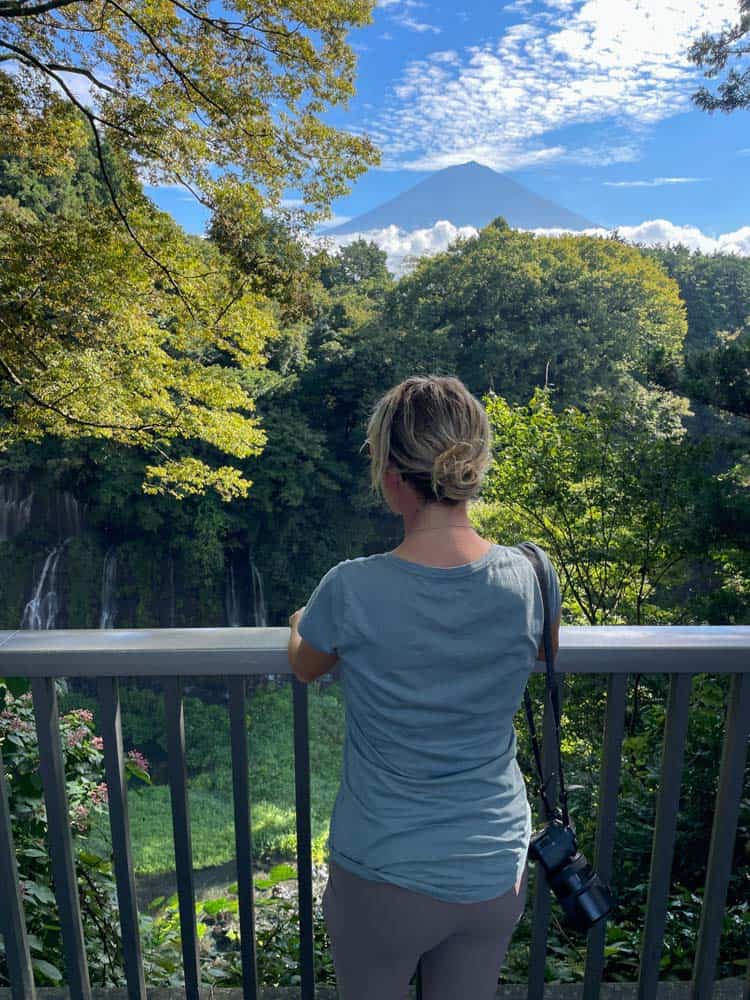 A woman looking at a waterfall from a railing.
