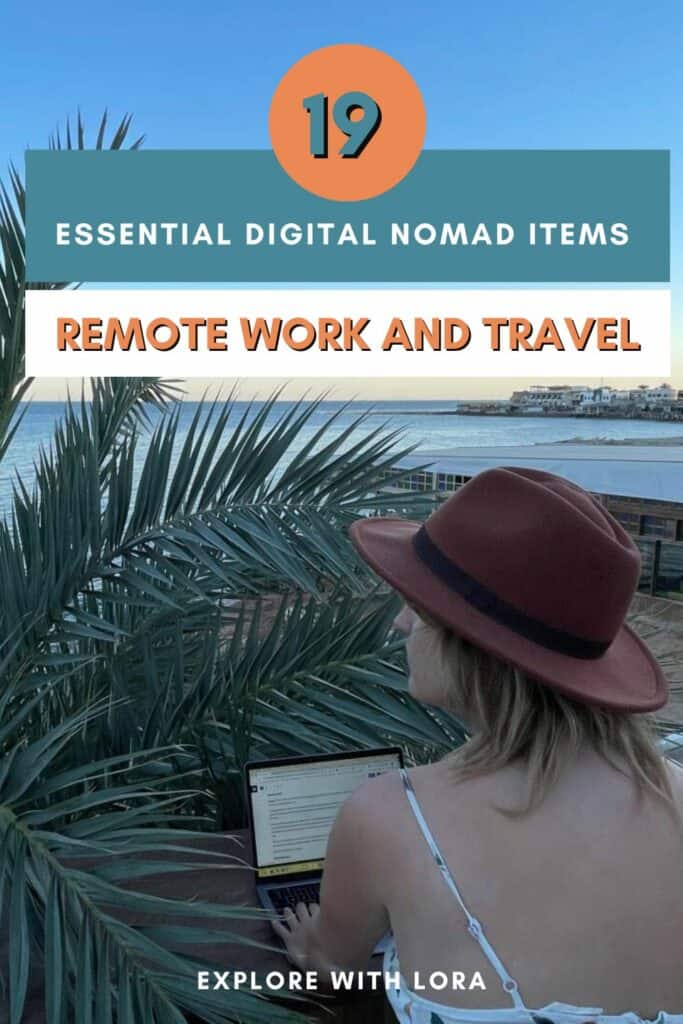 lora working on laptop by the ocean with overlay text 19 digital essential digital nomad gear 