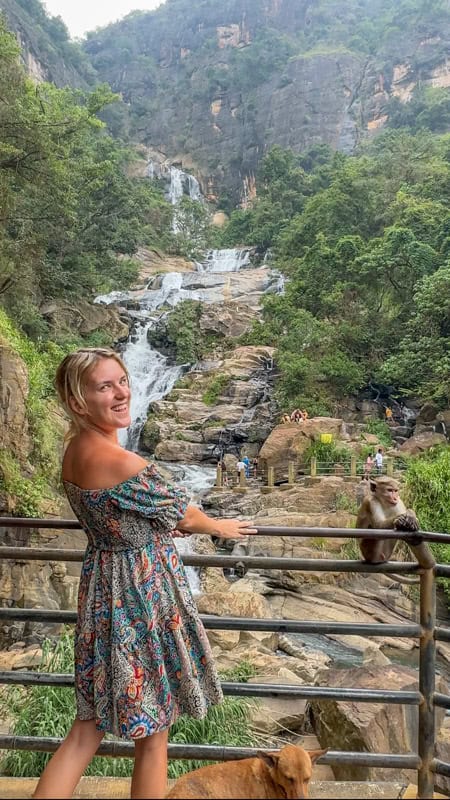 lora standing on a platform looking at a waterfall, next to her is a monkey and below is a dog. she is smiling.