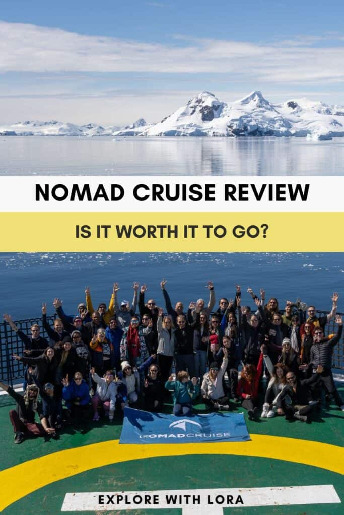 a group of digital nomads on a boat with overlay text nomad cruise review is it worth it to go