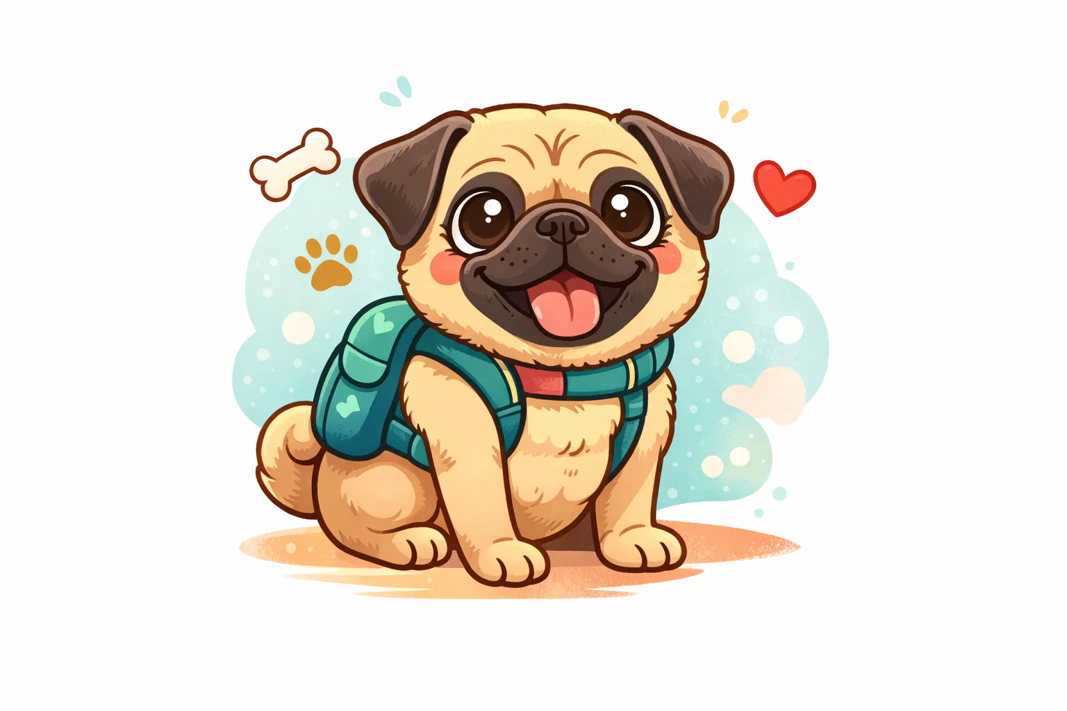 Cartoon illustration of Puglo the travel pug